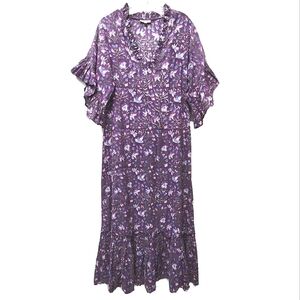 Fitzroy&Willa Purple Floral Prairie Lagenlook 100% Cotton Maxi Dress Ruffle Sz M